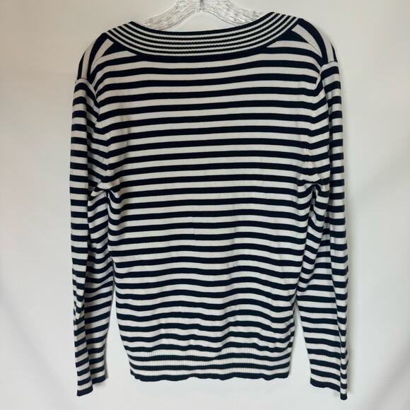 BLUHMOD Women Blue and White Striped V-Neck Sweater Size XL - Picture 2 of 6